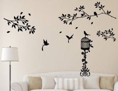 Decor Solution 59 cm Wall Sticker - Tree Branch With Birdcage And Birds ( ideal size on wall: 59 cm x 95 cm ) Self Adhesive Sticker(Pack of 1)