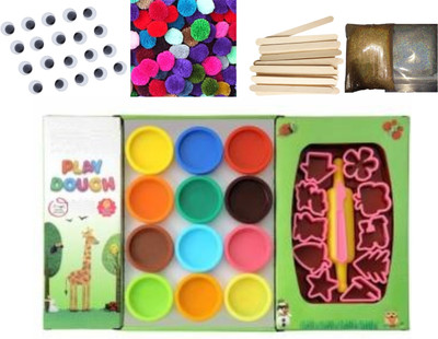 Upyukat 1 Set of 12 pots of dough, 10 pcs of mould cutter of different shapes, 1 pc of pressure roller and 1 pc of cutter knife + 20 pcs of googly eyes + 50 pcs of ice cream sticks + 50 pcs of pompom +2 packs of glitter powder