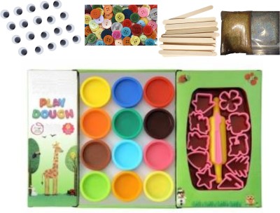 Upyukat 1 Set of 12 pots of dough, 10 pcs of mould cutter of different shapes, 1 pc of pressure roller and 1 pc of cutter knife + 20 pcs of googly eyes + 50 pcs of ice cream sticks + 50 pcs of plastic multicolored buttons +2 packs of glitter powder