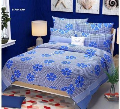 loomhands 160 TC Cotton Double 3D Printed Flat Bedsheet(Pack of 1, Blue)