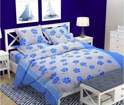 loomhands 160 TC Cotton Double 3D Printed Flat Bedsheet(Pack of 1, Blue)