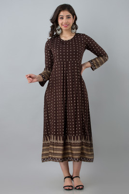 Bairaj Women Printed Flared Kurta(Brown)