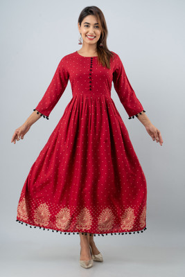 JFT Jaipur Fabtex Women Printed Flared Kurta(Maroon)