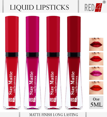 RED4 Color Sensational Stay Matte Liquid Lipsticks combo pack set 4(orange maroon red purple, 20 ml)