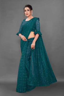 UNICK Solid/Plain Bollywood Net Saree(Dark Green)