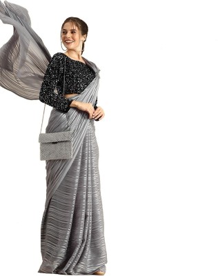 WILLMAKE Striped Banarasi Cotton Blend, Jacquard Saree(Grey)