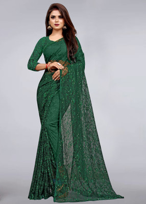 CARRYOX Self Design Bollywood Net Saree(Green)