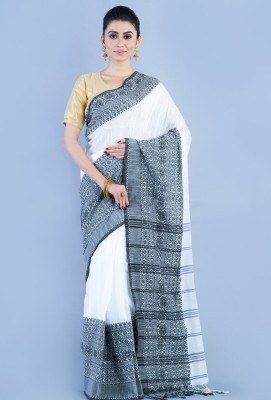 SUSHRITA BOUTIQUE Printed Handloom Cotton Blend Saree(White, Black)