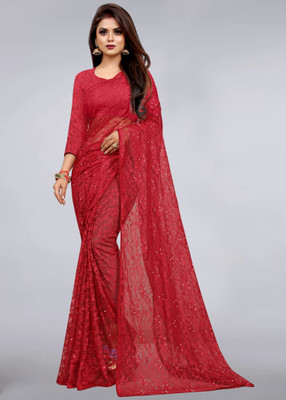 CARRYOX Self Design Bollywood Net Saree(Maroon)