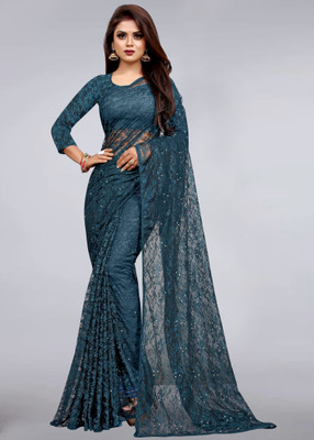 CARRYOX Self Design Bollywood Net Saree(Dark Green)