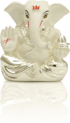Collectible India Silver Plated White Terracotta Ganesha Statue God Ganesh Idol for Car Dashboard Ganpati Murti Figurine (Size: 6cm x 4cm) Decorative Showpiece - 6 cm(Ceramic, Silver)