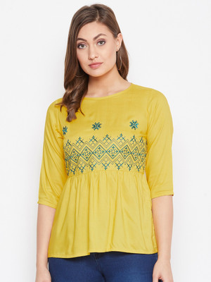WineRed Casual 3/4 Sleeve Embroidered Women Yellow Top