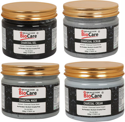 BEAUCODE BioCare Charcoal Face And Body Scrub And Mask & Gel & Cream Pack of-4 (500g)(4 Items in the set)