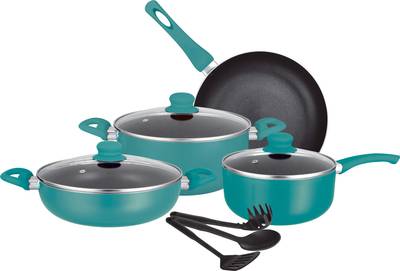 INSIYA 10-Piece Non-Stick Aluminium Cookware Set Teal Induction Bottom Non-Stick Coated Cookware Set