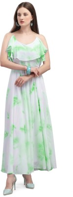 Vaani Creation Women Fit and Flare Green, White Dress