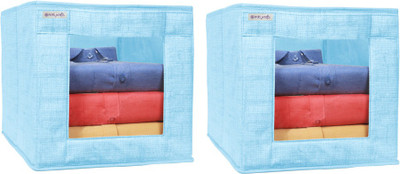 PrettyKrafts Toys Organizer,Shirt Stacker Closet, Fabric Storage Boxes for Shelf, Stackable Closet Bins for Toys & Kids Books with Transparent Window (Pack of 2) Jute Blue(Blue)