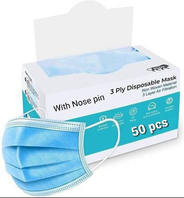 Vaghani 3 Ply Surgical Mask (50 Piece) ( With Nose Pin ) Surgical Mask With Melt Blown Fabric Layer(Blue, White, Free Size, Pack of 50, 3 Ply)