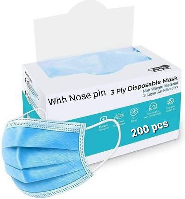 Vaghani 3 Ply Surgical Mask (200 Piece) ( With Nose Pin ) Non-Washable, Non-Reusable Surgical Mask With Melt Blown Fabric Layer(Blue, White, Free Size, Pack of 200, 3 Ply)