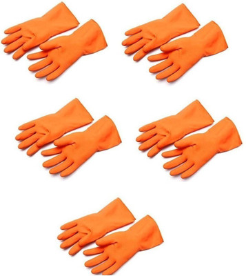 Pacificdeals Reusable Rubber Cleaning Gloves Set Hand Gloves Large for Washing, Cleaning Kitchen, Gardening , Industrial Chemical -Male Female (Pack of 5) Orange Rubber  Safety Gloves(Pack of 5)