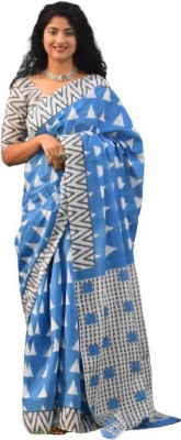 Clothonus Printed Daily Wear Pure Cotton Saree(Light Blue)