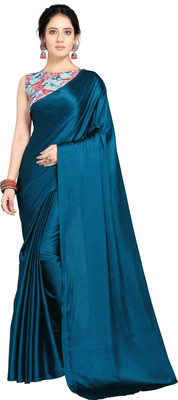 DHYANOM Solid/Plain Bollywood Satin Saree(Dark Blue)