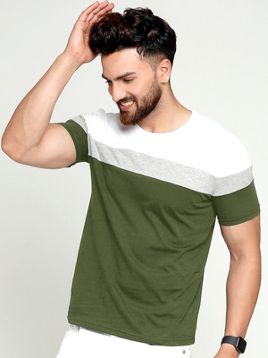 AUSK Colorblock Men Round Neck Dark Green, White, Grey T-Shirt