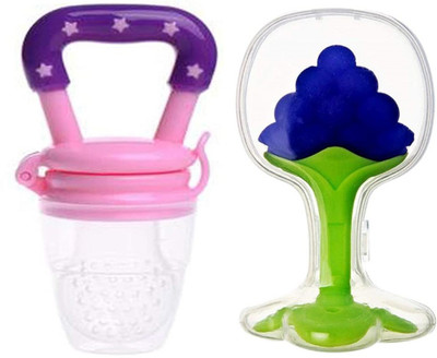 Kidsify Nibbler Soother for Babies Fruit Feeder Kids Nipple Pacifier for Fruit Vegetable and Fruit Shape Silicone Teether (Set of 2) Teether(Pink,Blue)