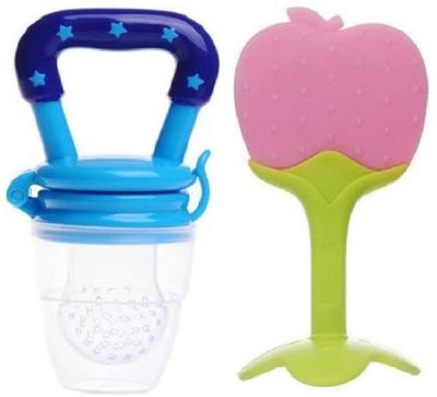 Kidsify Nibbler Soother for Babies Fruit Feeder Kids Nipple Pacifier for Fruit Vegetable and Fruit Shape Silicone Teether (Set of 2) Teether(Blue,Pink)