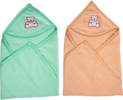 BABY ZONE Solid Single Hooded Baby Blanket for  Mild Winter(Polyester, C.Green/Camel)