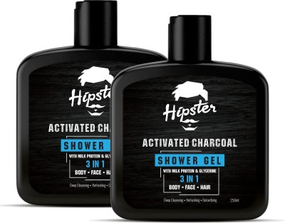 HIPSTER Activated Charcoal 3 in 1 Shower Gel Men 250ml | For Hair, Face and Body Wash(2 x 250 ml)