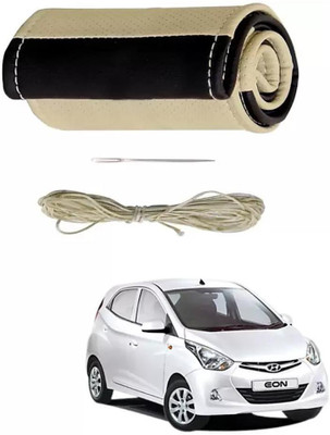POOJATRADERSSS Hand Stiched Steering Cover For Hyundai Eon, Reva, WRX, Omni, Thar, Jazz(BLACK & BEIGE, Leather)