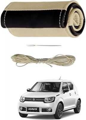 POOJATRADERSSS Hand Stiched Steering Cover For Suzuki i10, New Swift, i10 Active, Xcent, Thar(BLACK & BEIGE, Leather)