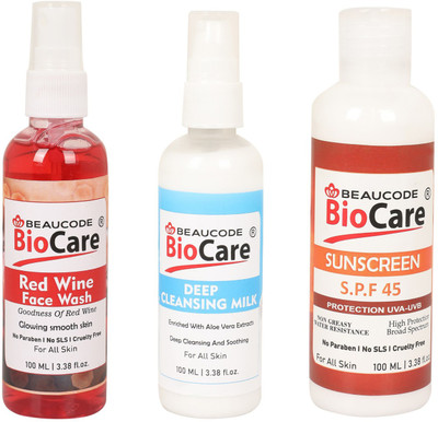 BEAUCODE BioCare Red Wine Face Wash And Sunscreen S.P.F. 45 and Deep Cleansing Milk Pack of-3 (100ml)(3 Items in the set)
