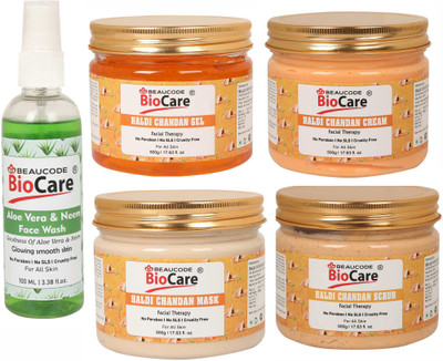 BEAUCODE BioCare Pack of-5, Haldi Chandan Face and Body Gel & Cream & Mask & Scrub (500g) and Aloe Vera Face wash (100ml)(5 Items in the set)