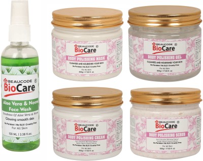 BEAUCODE BioCare Pack of-5, Body Polishing Face and Body Gel & Cream & Mask & Scrub (500g) and Aloe Vera Face wash (100ml)(5 Items in the set)