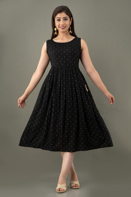 JFT Jaipur Fabtex Women Fit and Flare Black Midi/Calf Length Dress