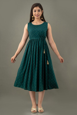 JFT Jaipur Fabtex Women Fit and Flare Dark Green Midi/Calf Length Dress