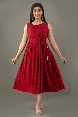 JFT Jaipur Fabtex Women Fit and Flare Maroon Midi/Calf Length Dress