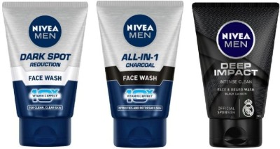 NIVEA Men Dark Spot Reduction 100 ml , All in One Charcoal 100 ml , Deep Impact 100 ml (Pack of 3) Face Wash(300 ml)