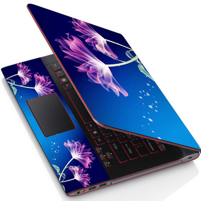 Techfit Full Panel Laptop Skin Sticker Upto 15 inches - Magenta Floral on Blue Stretched Vinyl Laptop Skin Compatible for 15.6 inch(Theme: Nature)