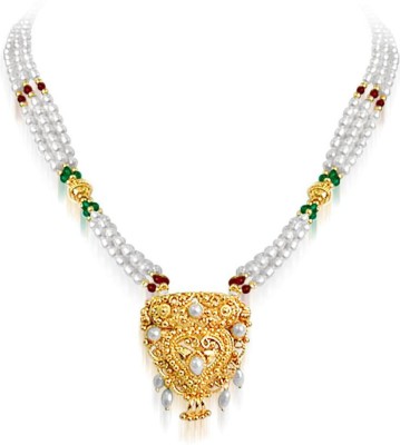 Surat Diamond Gold Plated Temple Design Pendant & 3 Line Rice Pearl, Green Onyx & Garnet Beads Pendant Necklace for Women (SNP19) Metal Necklace