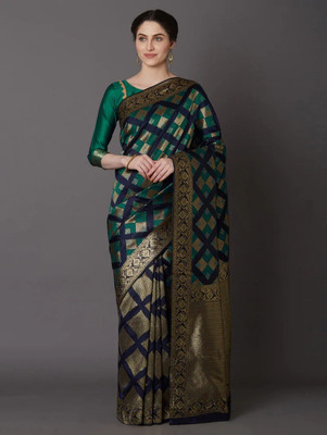 BESUCHER Woven Kanjivaram Satin Saree(Dark Green)