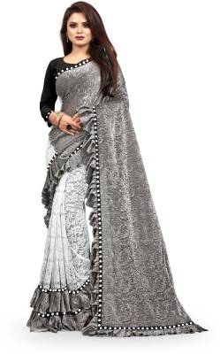 JAVALBA Embellished Bollywood Velvet, Lycra Blend Saree(Grey)