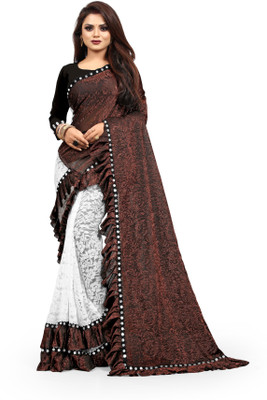 Aarya creation Floral Print Bollywood Cotton Blend, Art Silk Saree(Brown)