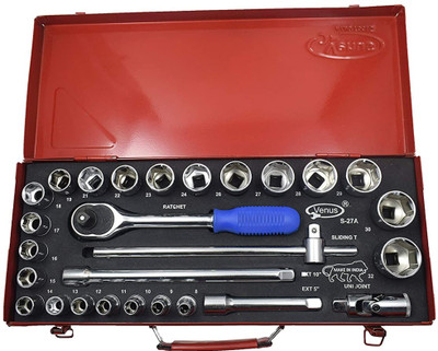 Venus hand tools Cold Forged 1/2 Inch 27 Pcs Socket Set With Strong Metal Box(22 Sockets + 5 Accessories) Socket Set(Pack of 27)