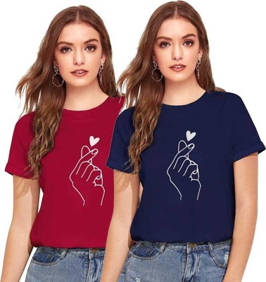 Tdoc Printed Women Round Neck Maroon, Blue T-Shirt