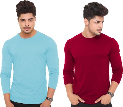 DAVID CARTER Solid Men Round Neck Maroon, Blue T-Shirt