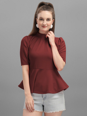 DL Fashion Casual Half Sleeve Solid Women Maroon Top