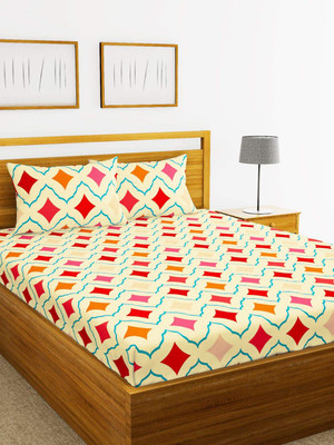 Spangle Homes 130 TC Polycotton Double Geometric Fitted (Elastic) Bedsheet(Pack of 1, Beige3)