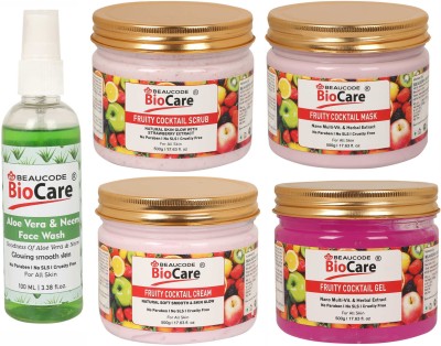 BEAUCODE BioCare Pack of-5, Fruity Cocktail Face and Body Gel & Cream & Mask & Scrub (500g) and Aloe Vera Face wash (100ml)(5 Items in the set)
